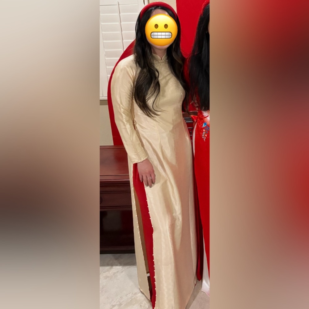Vietnamese Ao Dai Dress with Beaded Pearls and Pants Set
